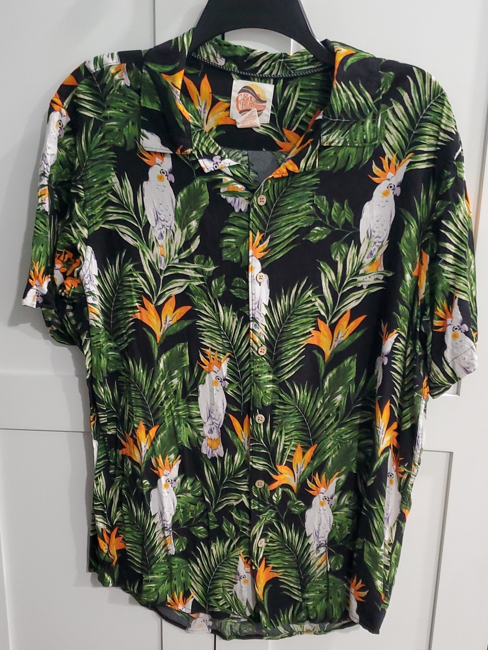 C&C California Black Tropical Parrot Print Button-Down Shirt 100% Rayon